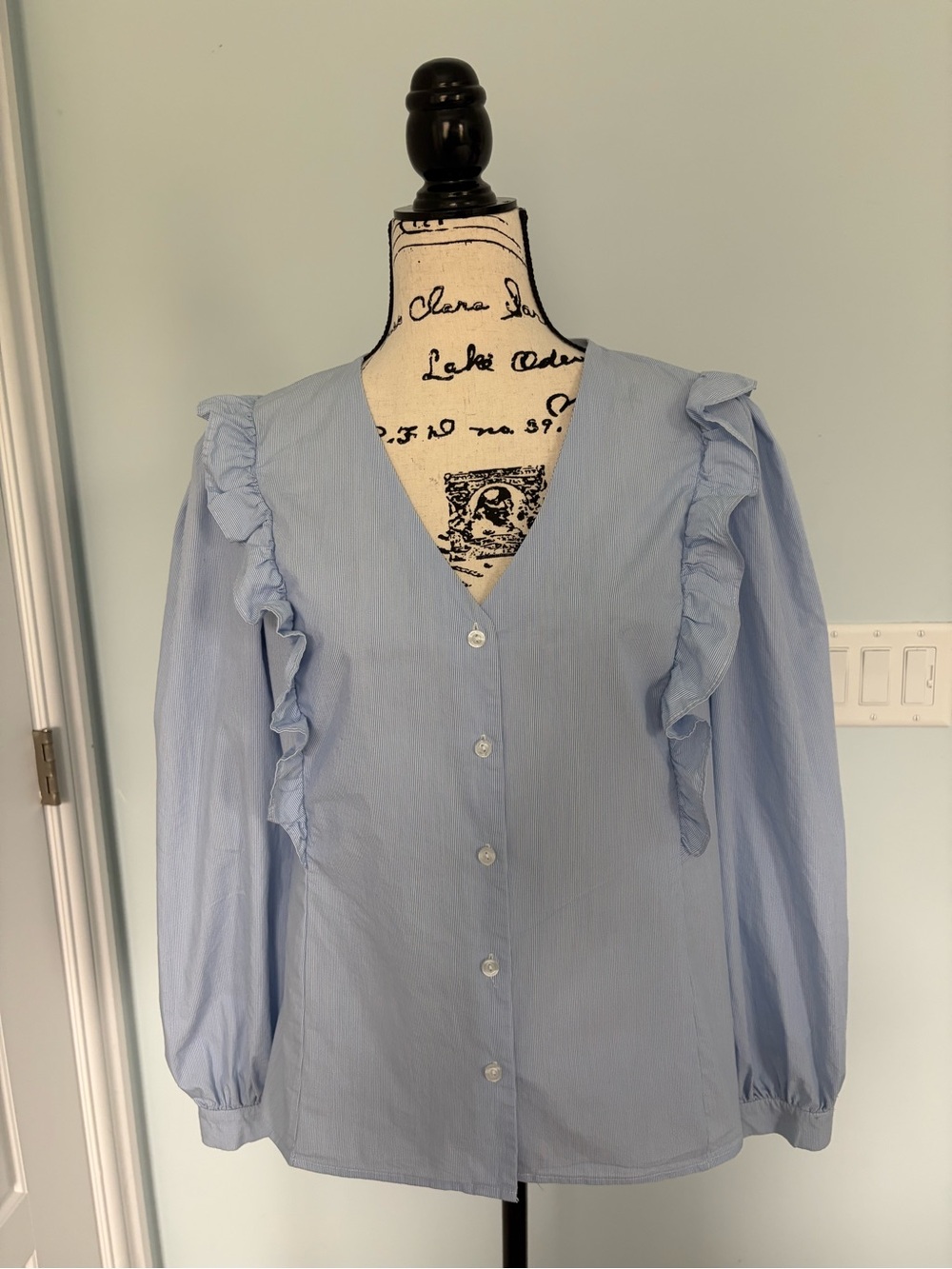 Light Blue Ruffle-Trim Button Front Blouse - Picture 2 of 8